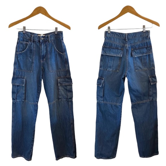 Zara Denim - Zara Cargo Pants High Waisted Pockets Medium Blue Denim Bloggers Favorite Size 0